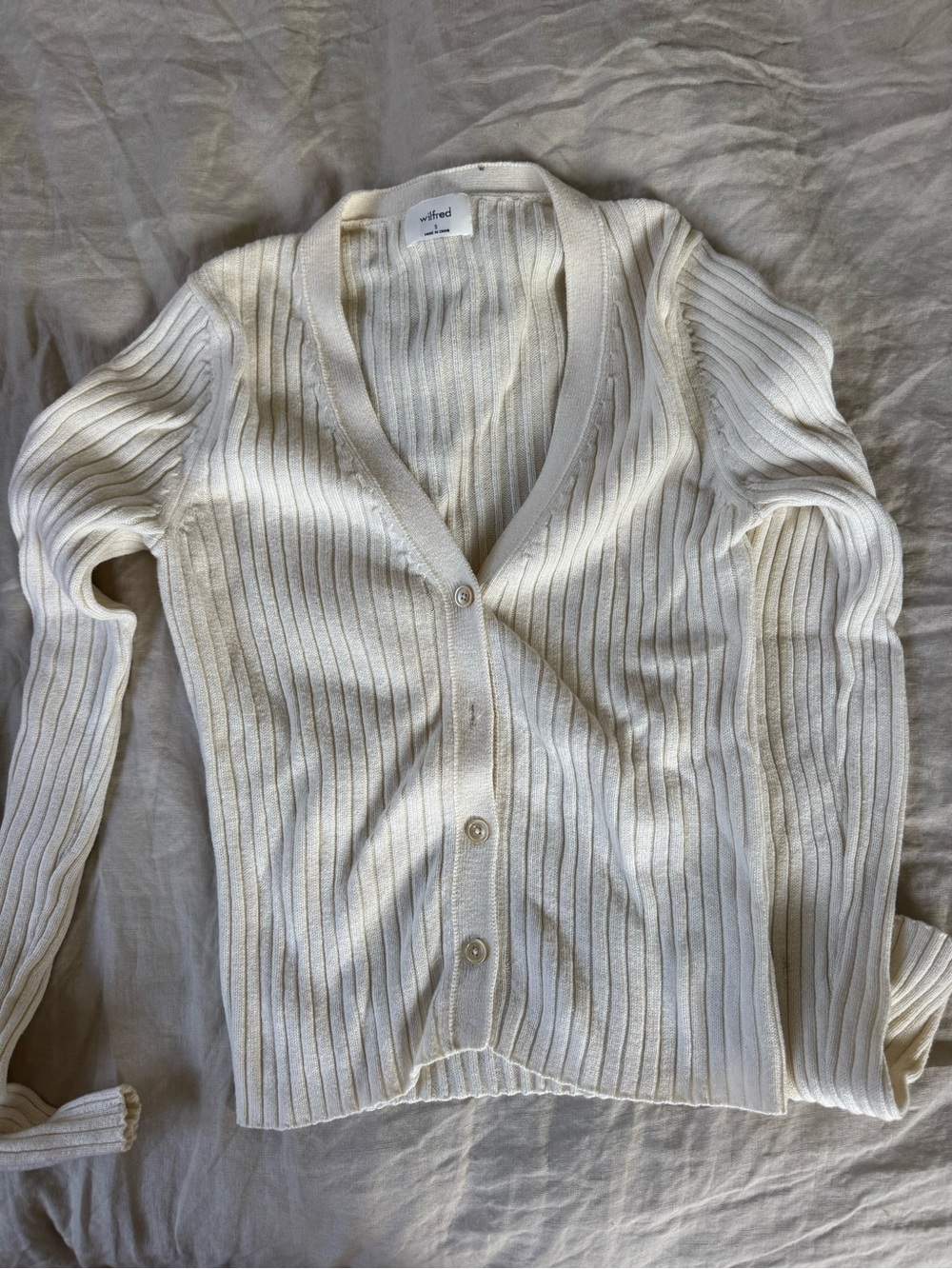 Aritzia cream Ribbed V-Neck Button Cardigan Sweater